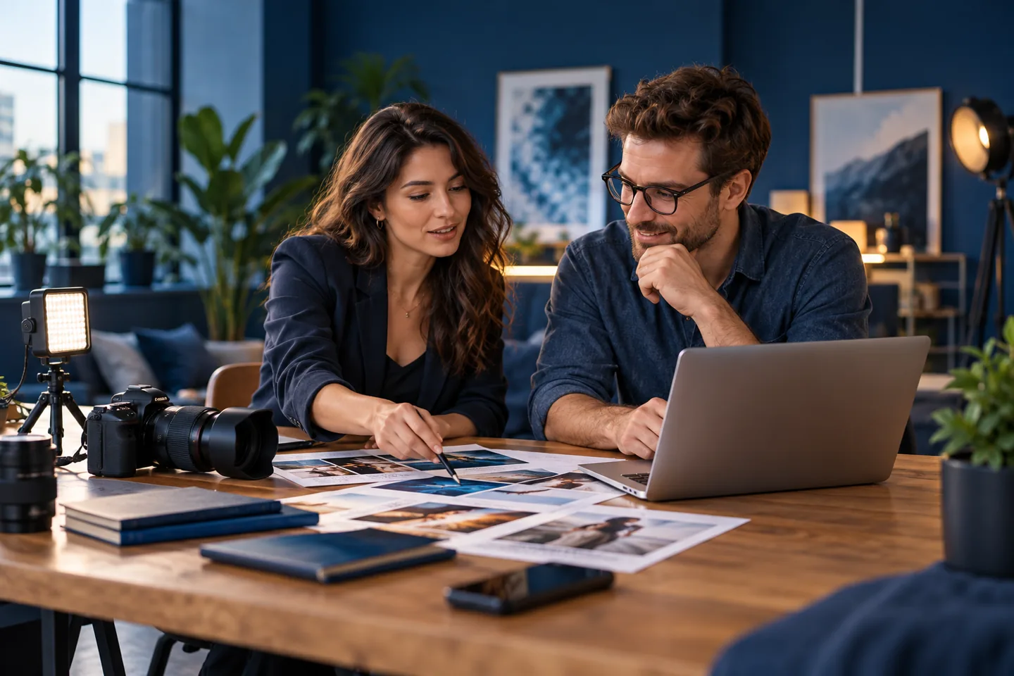 Illustrative creative professionals planning a campaign with photographic concepts and production equipment