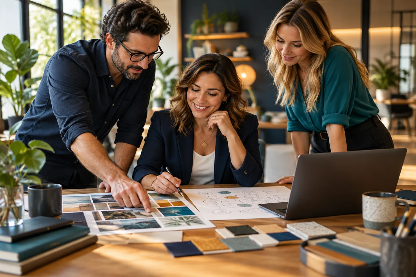 Illustrative business team combining brand planning and operational workflow design