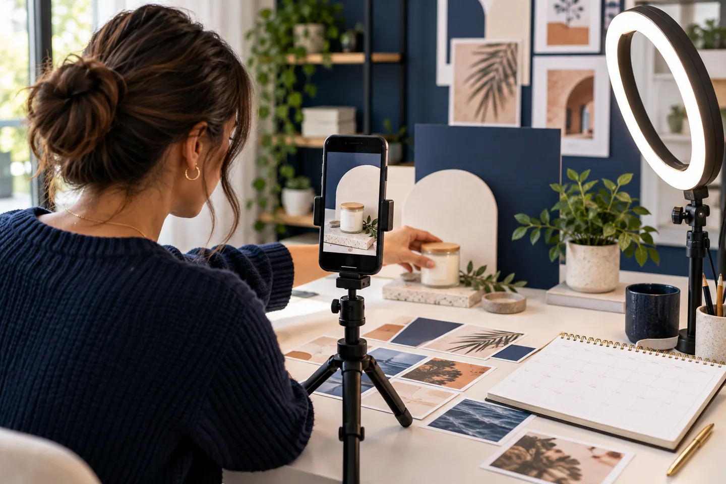 Illustrative creator recording vertical product content with a phone and ring light